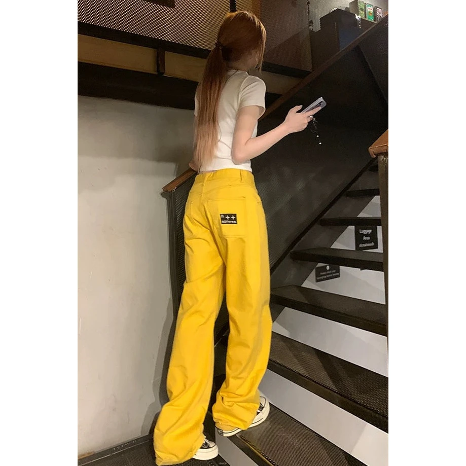 美式口袋刺绣标随性波板黄阔腿牛仔裤女辣妹街头炸街