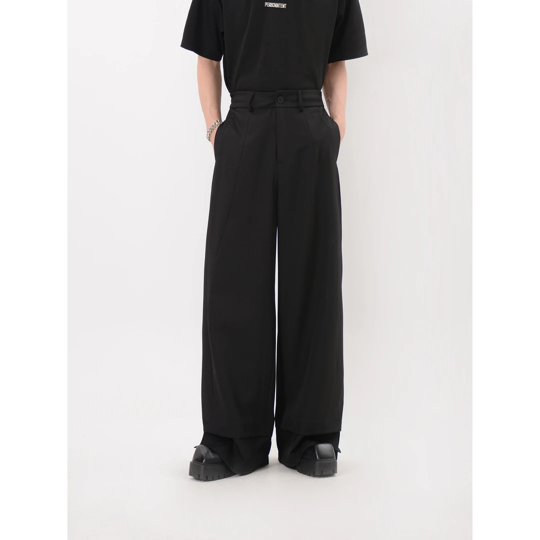 LUCE GARMENT小众设计感拼接开叉西装裤男夏季宽松直筒阔腿长裤子