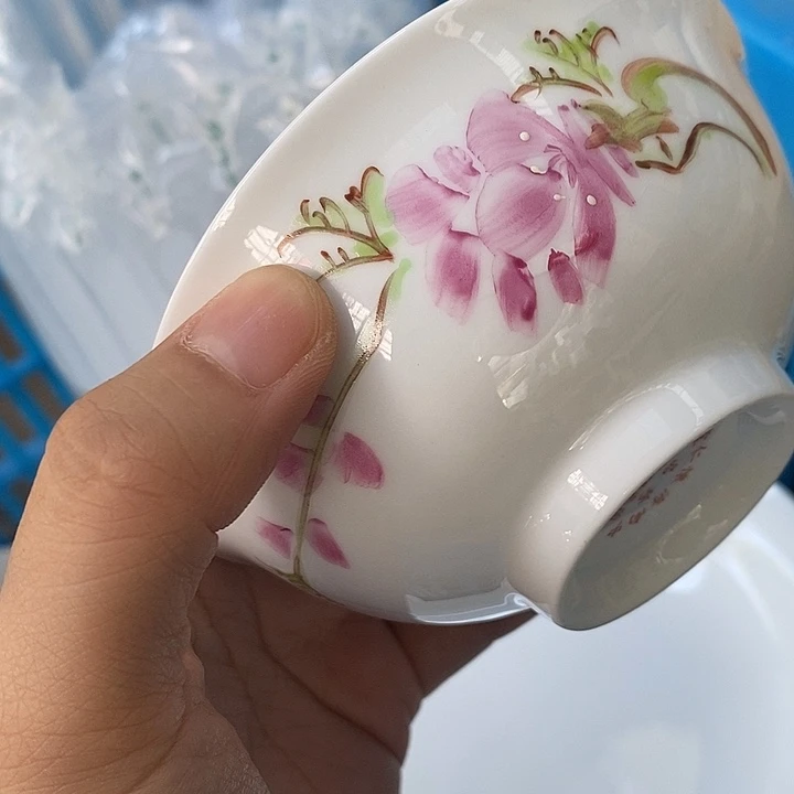摆件旁**道手绘4寸水点桃花茶碗10个