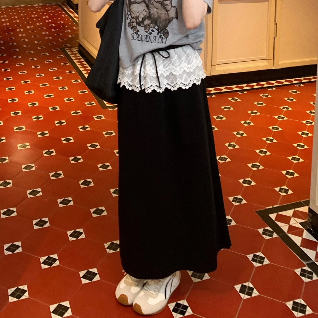 【绝对舒适区】C-96002 蕾丝钩花拼接松紧腰韩版中长A字包臀半身裙