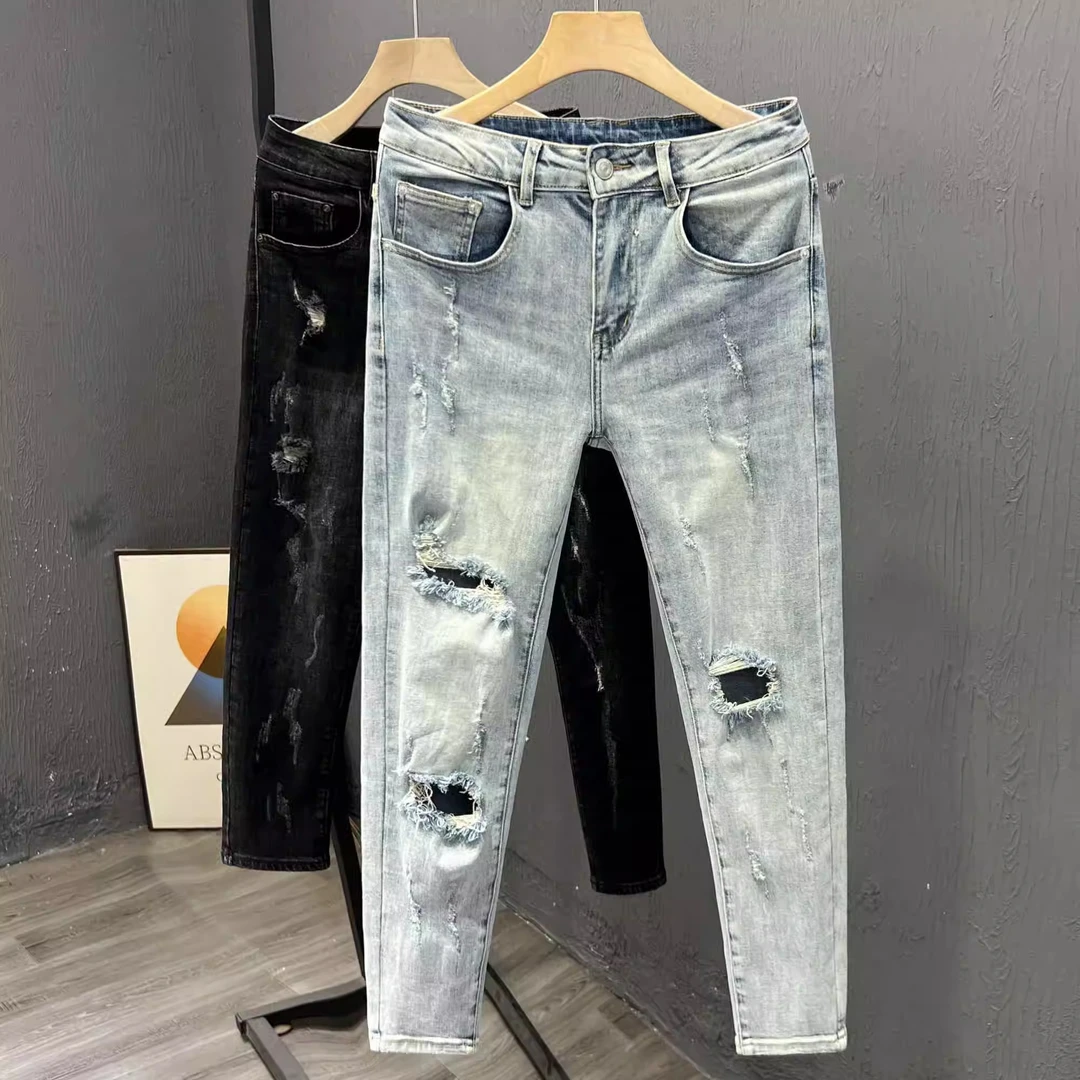 新款男士破洞牛仔裤夏季薄款轻奢百搭修身小脚裤子九分裤长裤子