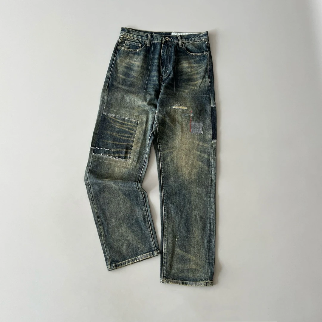 牛仔裤男日产水洗做旧补丁23AW重磅复古百搭休闲直筒宽松牛王长裤