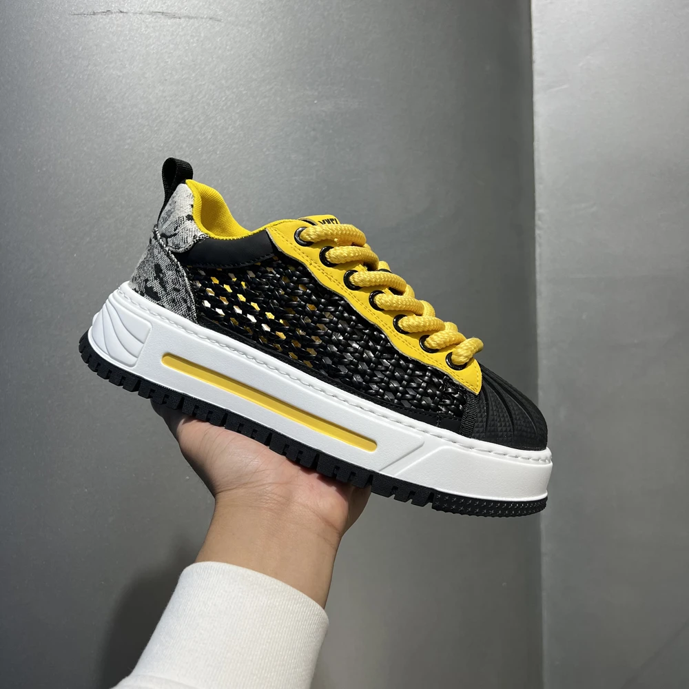 厚底胶粘拼色网面鞋夏季百搭增高透气轻奢贝壳头编织镂空休闲鞋