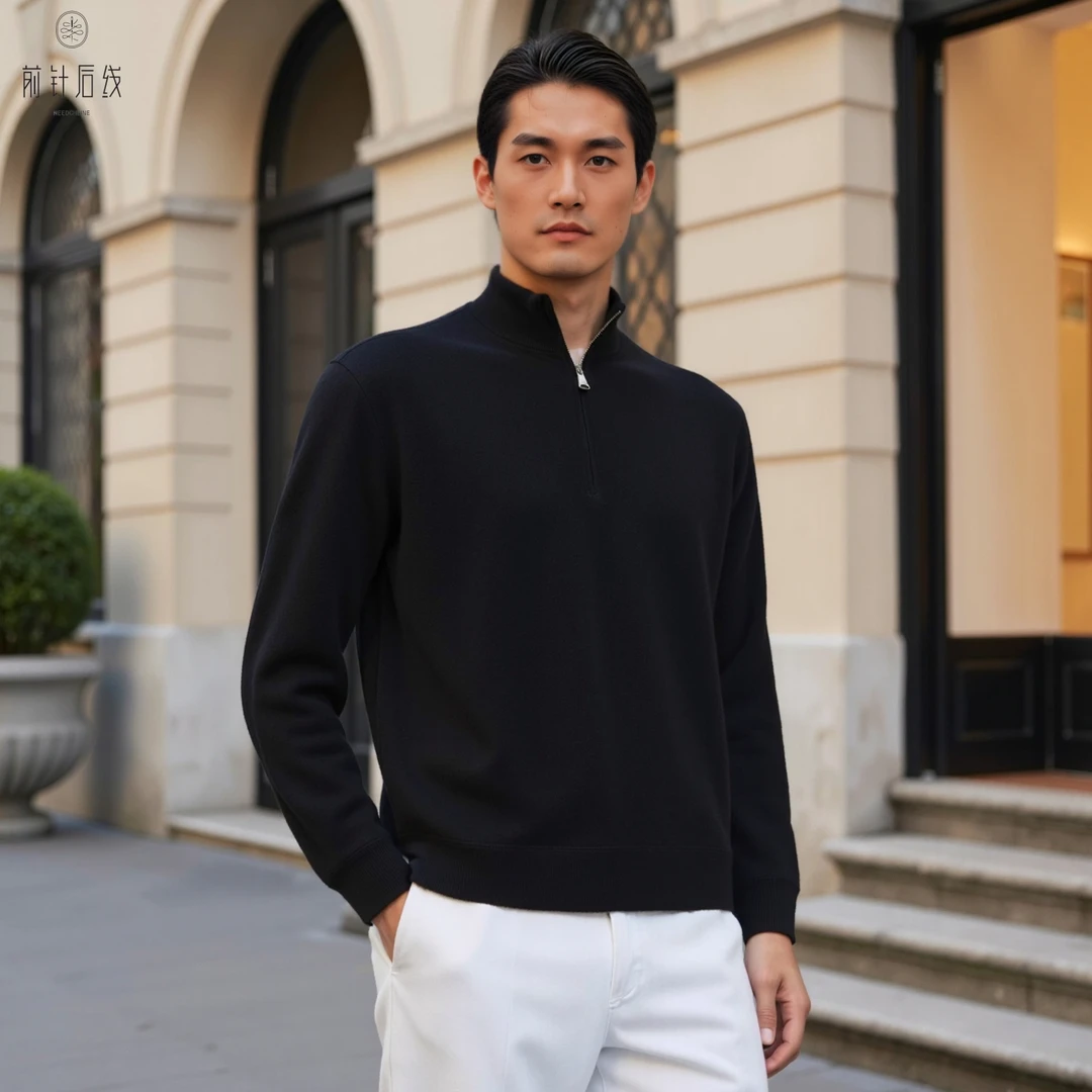 纯羊绒男士半高领拉链加厚保暖精纺商务男装秋冬立领男士内搭打底