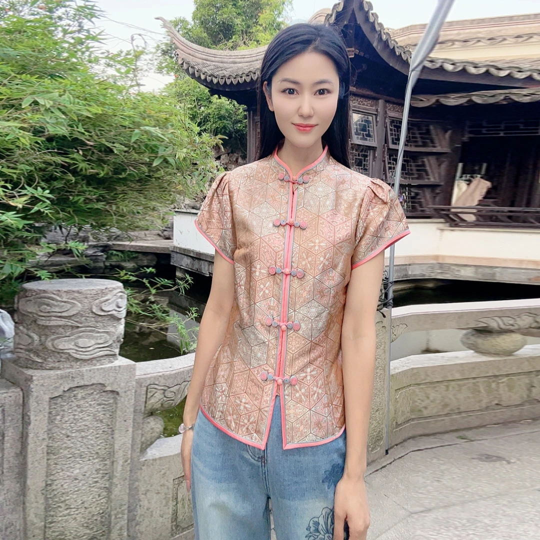 浒城古娘国风中式百搭夏手工盘扣短袖立领宋锦短袖上衣WH0500347
