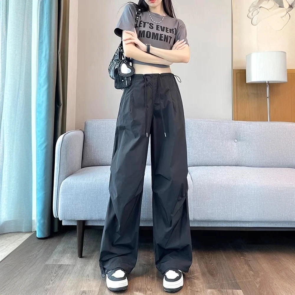 美式黑色速干工装裤女夏季2025新款高腰宽松显瘦直筒运动休闲裤子