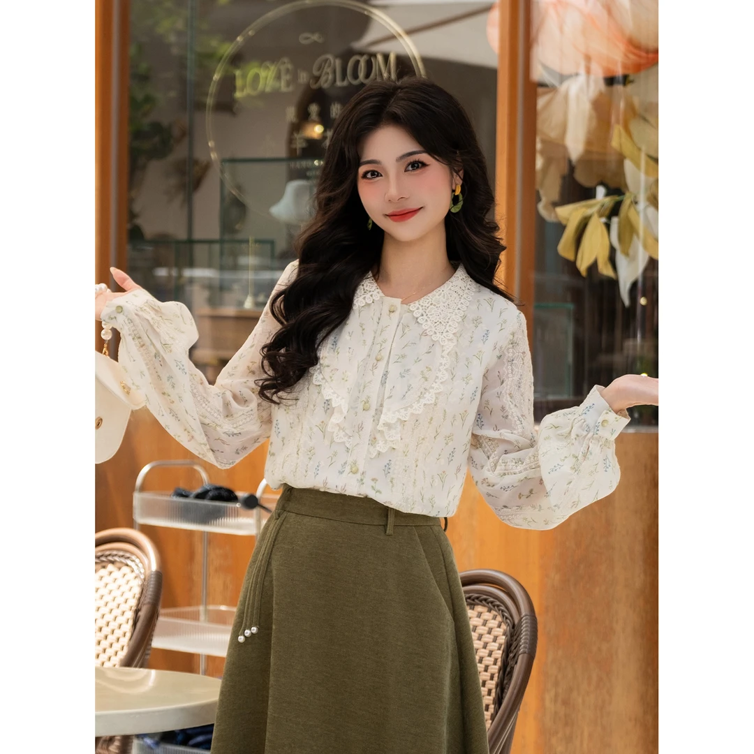 LIJIUJIU【缤纷花甸】气质长袖百搭复古显瘦刺绣印花衬衫YY2508073