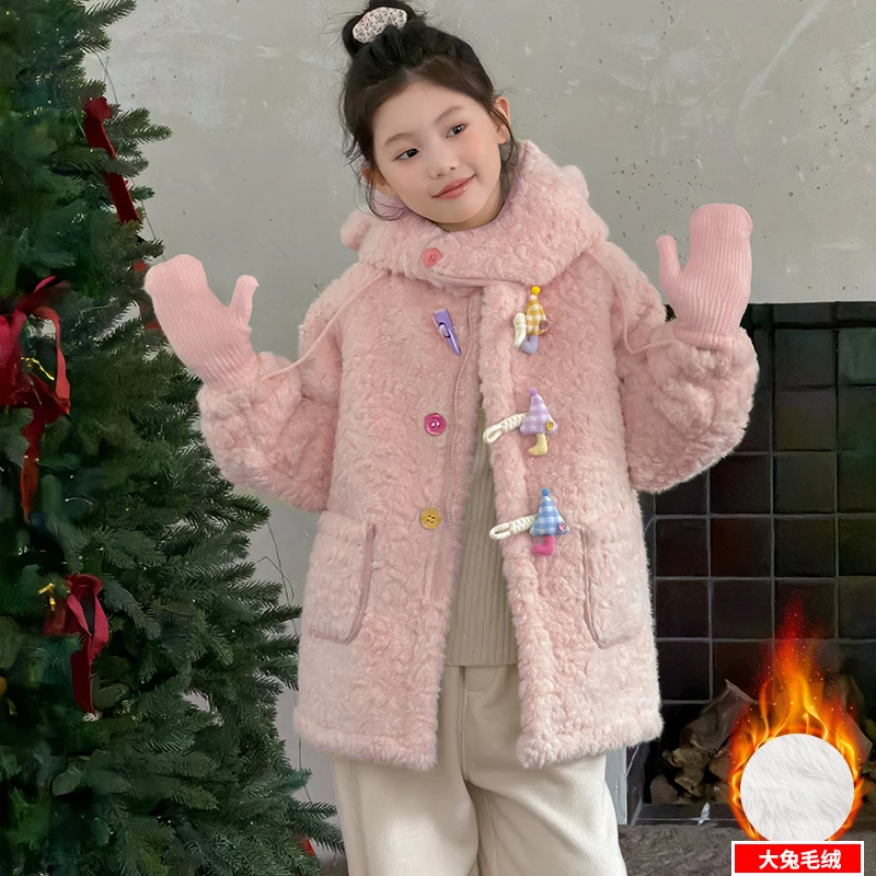 女童冬季外套2025新款儿童韩版休闲加绒加厚蘑菇伞立体耳朵毛毛衣