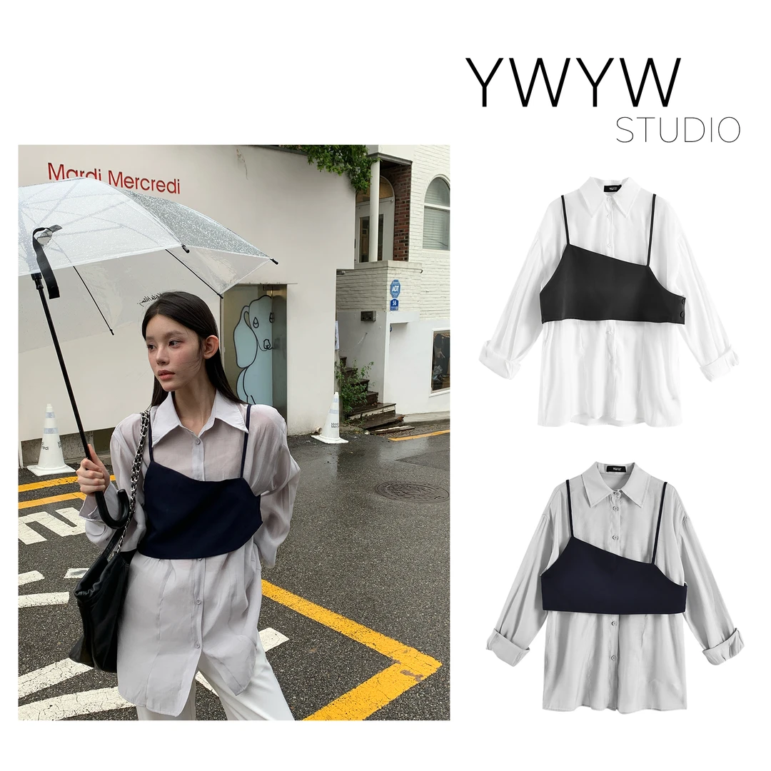 【YWYW25F/W】早秋镂空宽松长袖衬衫+吊带马甲裹胸两件套5268