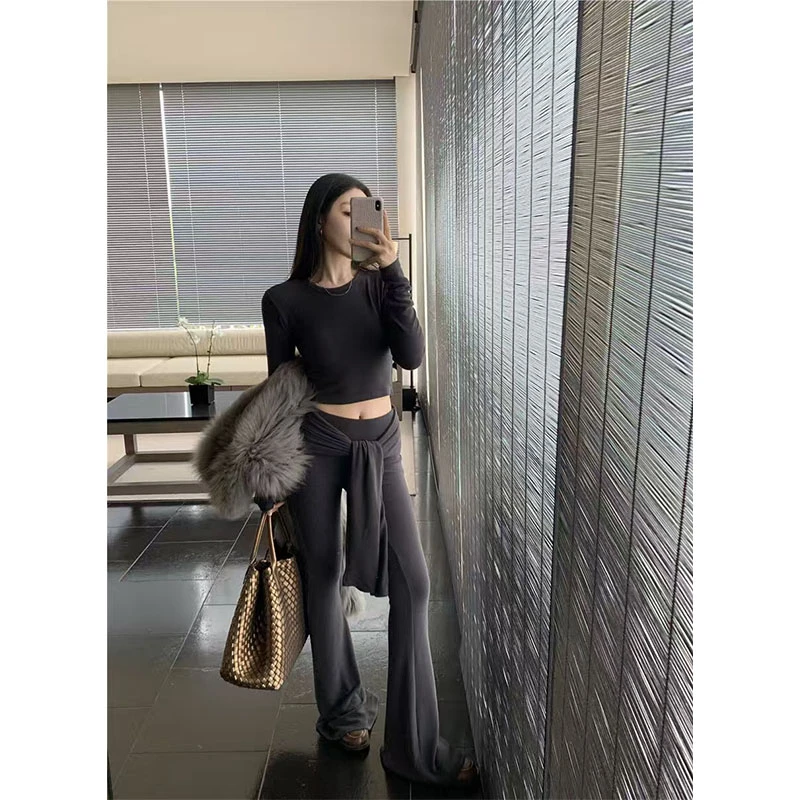 2025休闲套装设计感小众洋气修身显瘦长袖T恤高腰绑带直筒裤长裤