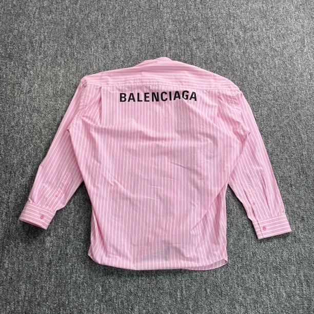 99新 Balenciaga/巴黎世家 5415/粉色条纹字母印花翻领衬衫/34码