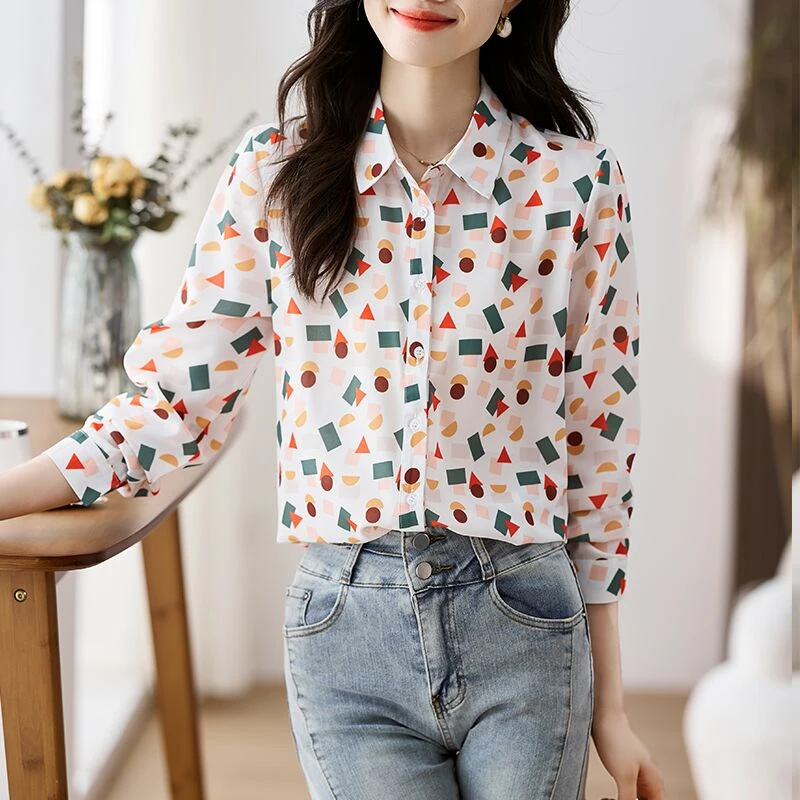 鑫欣阿玛施艾正2025秋冬新款几何图案雪纺长袖衬衫痞帅炸街风女装