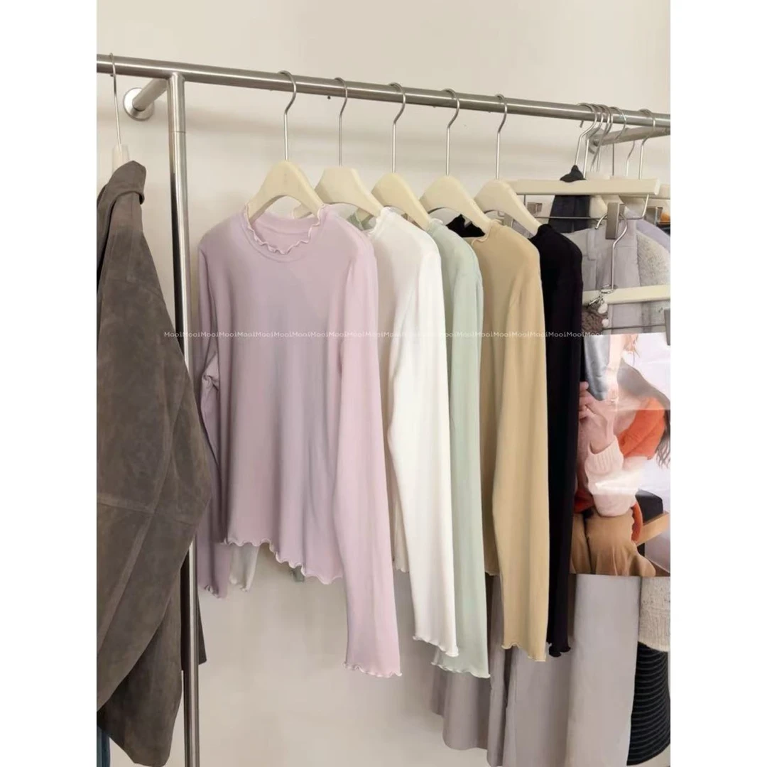【mooi】'花边贴贴'秋冬新款韩版ins小众设计感木耳边绒底长袖T恤，
