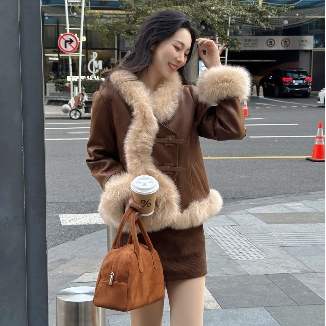 MY 2024冬季新款狐狸毛麂皮绒外套白鹅绒内胆保暖羽绒服女时尚