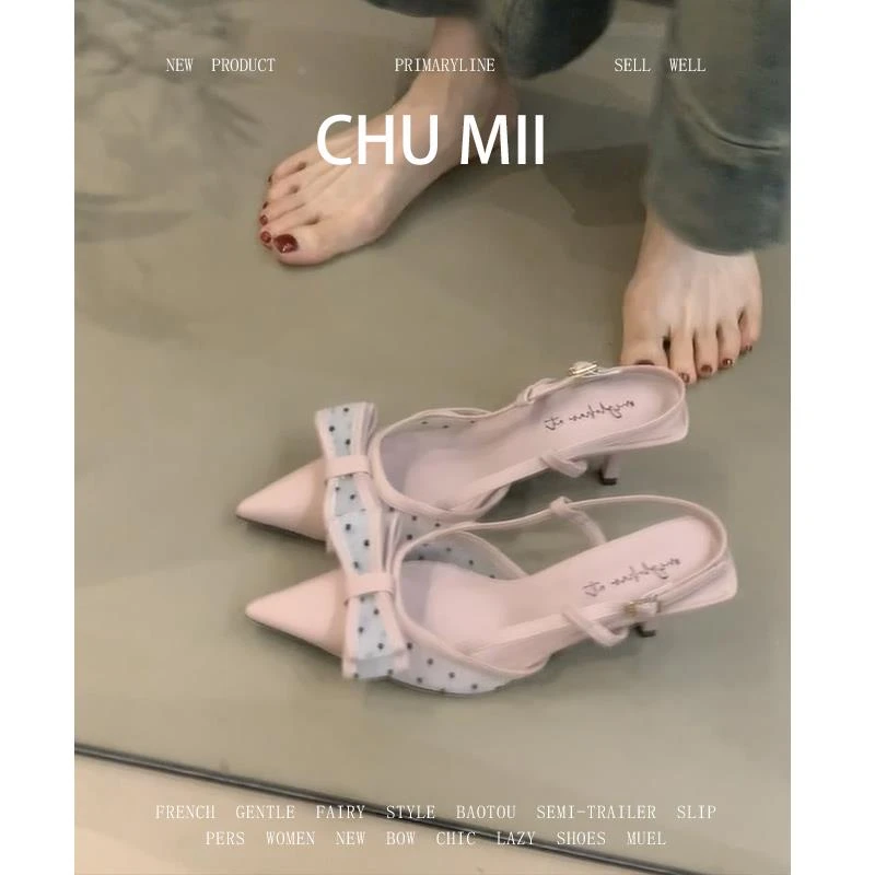 【cufk官方正品】粉色高跟鞋女网纱透气尖头细跟蝴蝶结单鞋包头凉鞋