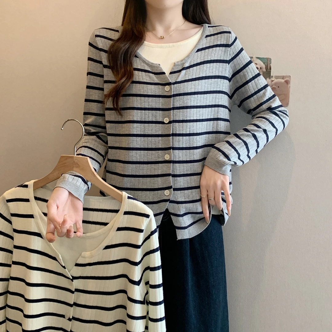 大码胖mm条纹拼接假两件针织衫女2025年春季甜美减龄气质显瘦上衣