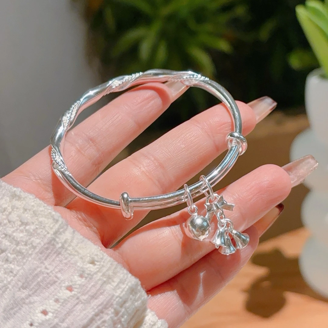 拾钰 足银手镯 足银999.9莫比乌斯手镯女纯银梦幻银丝铃铛手环