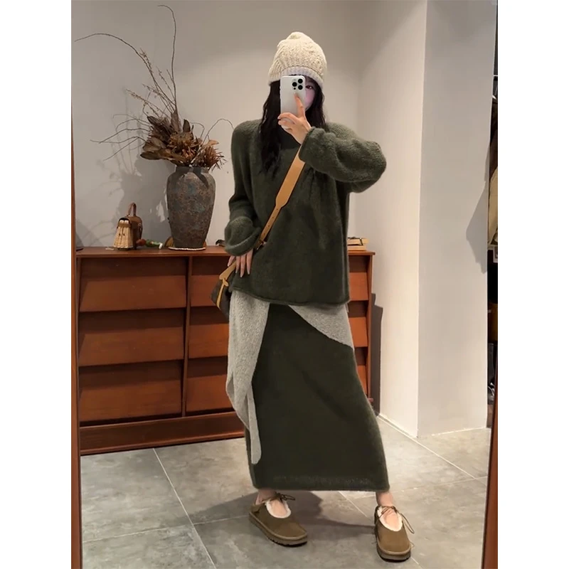MARIE.COCO新款森系慵懒风软糯绿色针织衫毛衣高腰半身裙秋冬套装