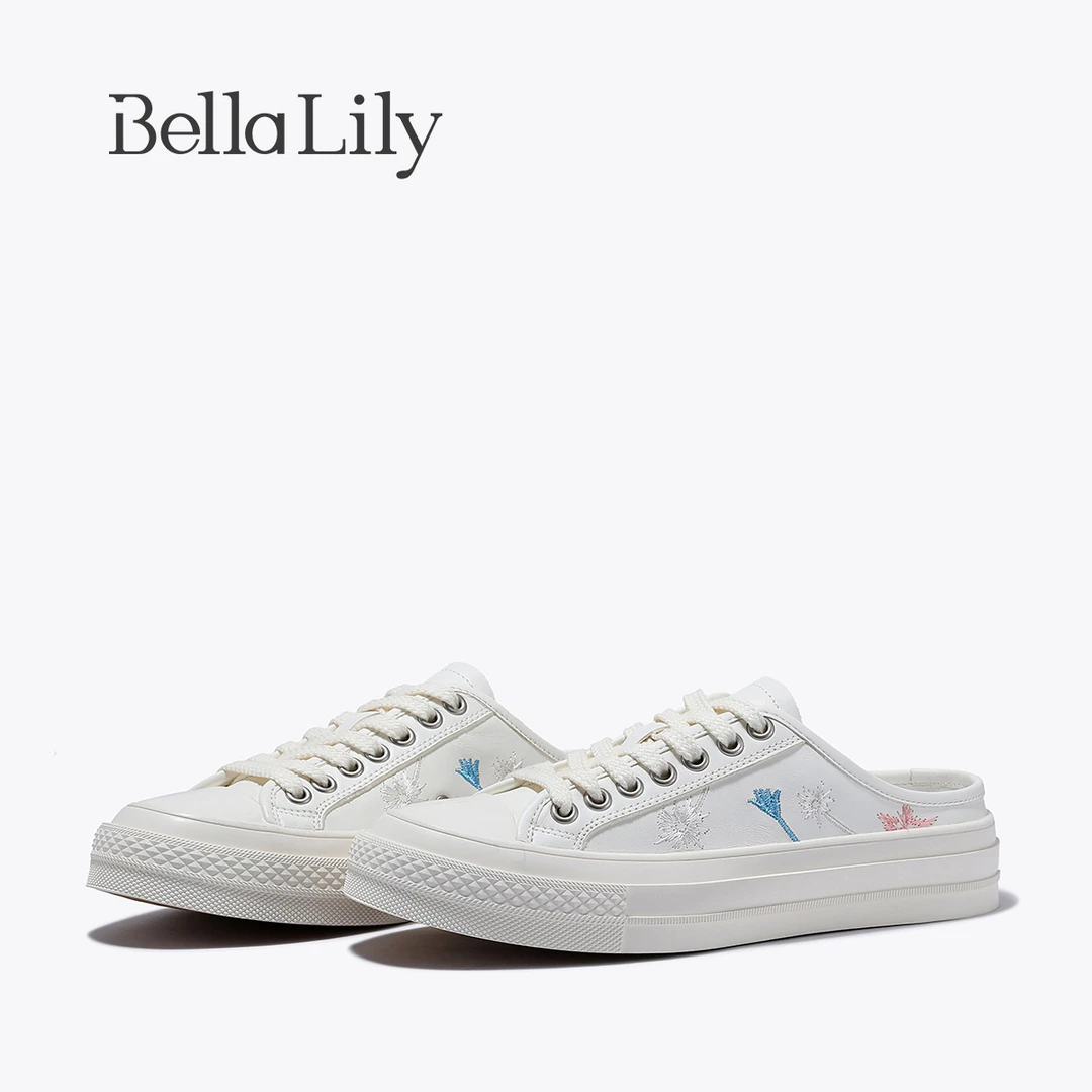 BellaLily夏款简约刺绣包头拖女舒适懒人鞋一脚蹬休闲板鞋潮