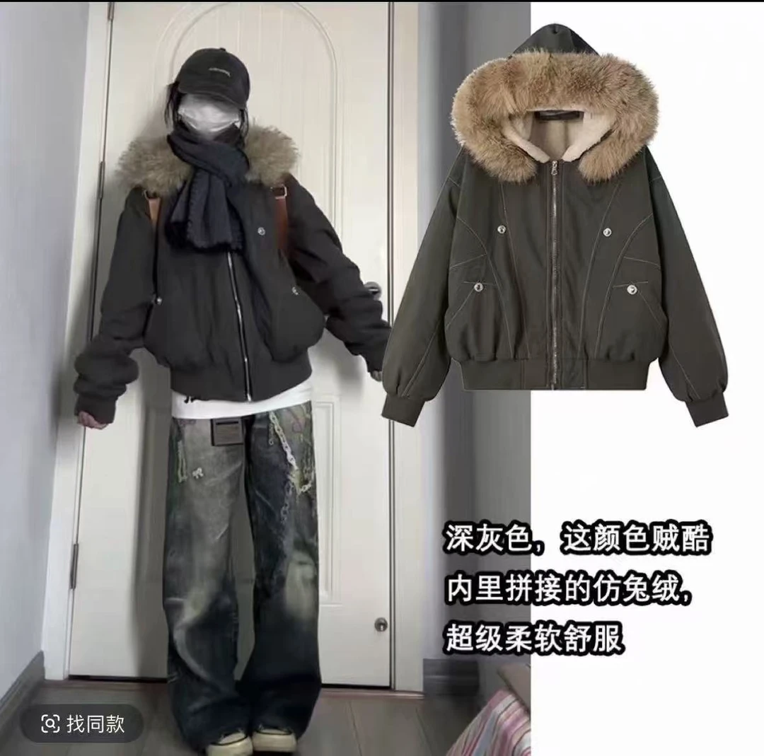 GT1美式复古派克服短款连帽宽松2025新款棉服韩版时髦加绒时尚