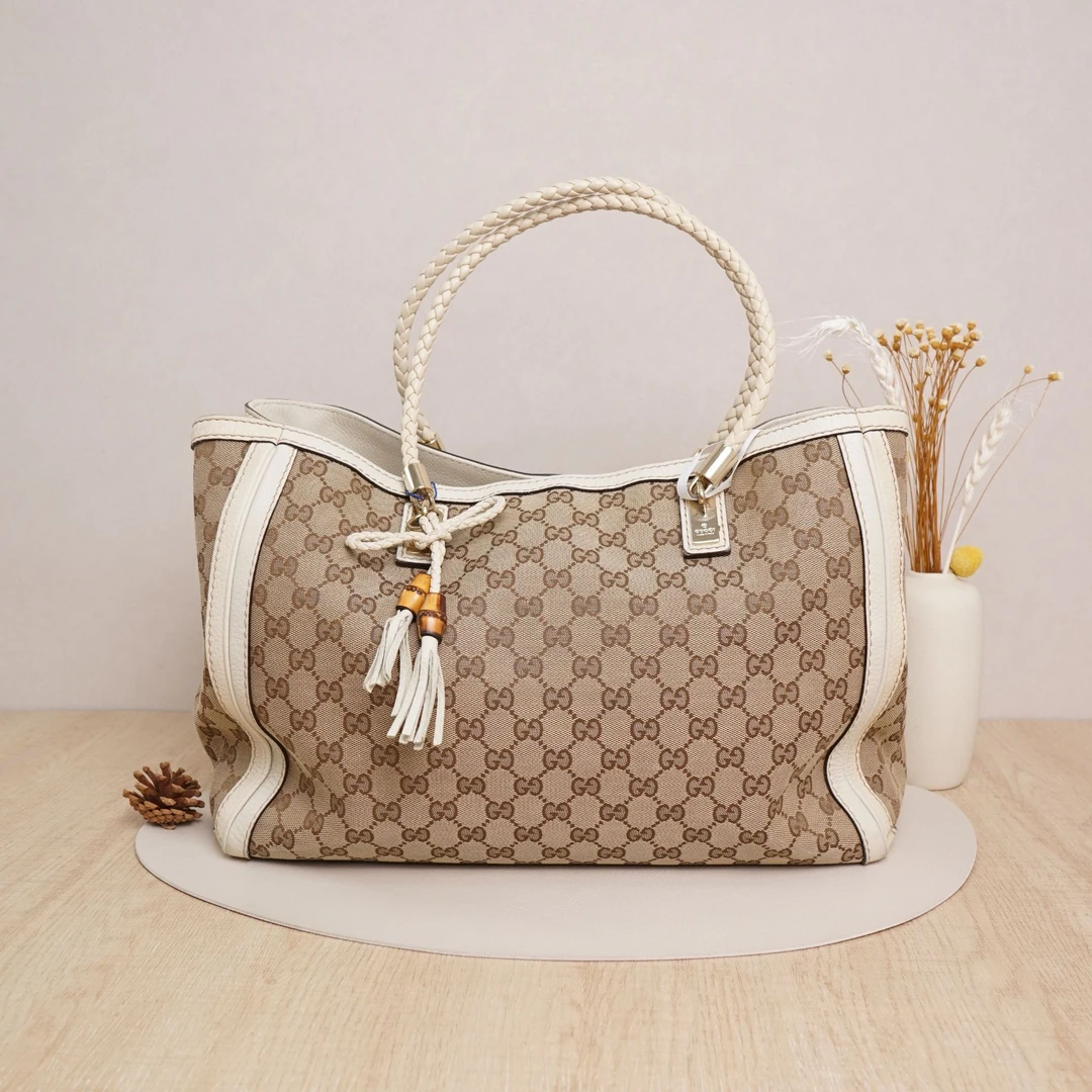 95新 GUCCI/古驰  古驰拼白中古手提包帆布/DS036689