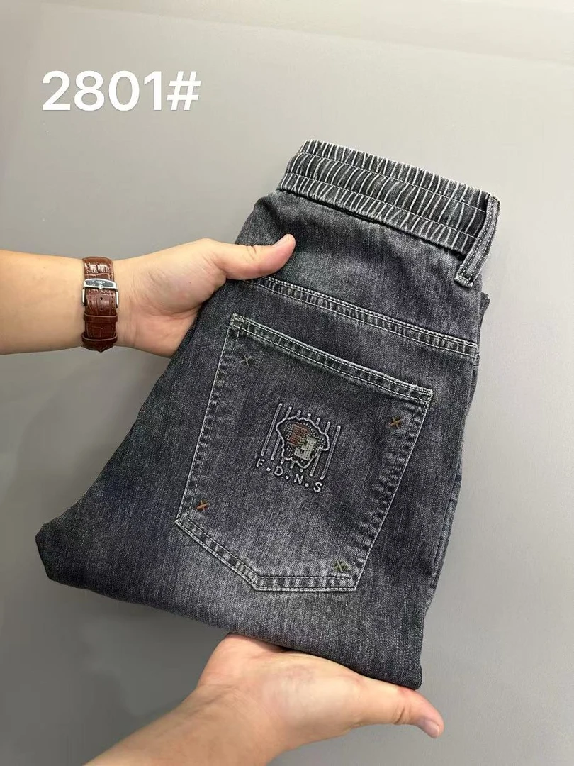 【杰克*星辰】夏季薄款松紧腰百搭潮流修身小直筒弹力男士牛仔裤