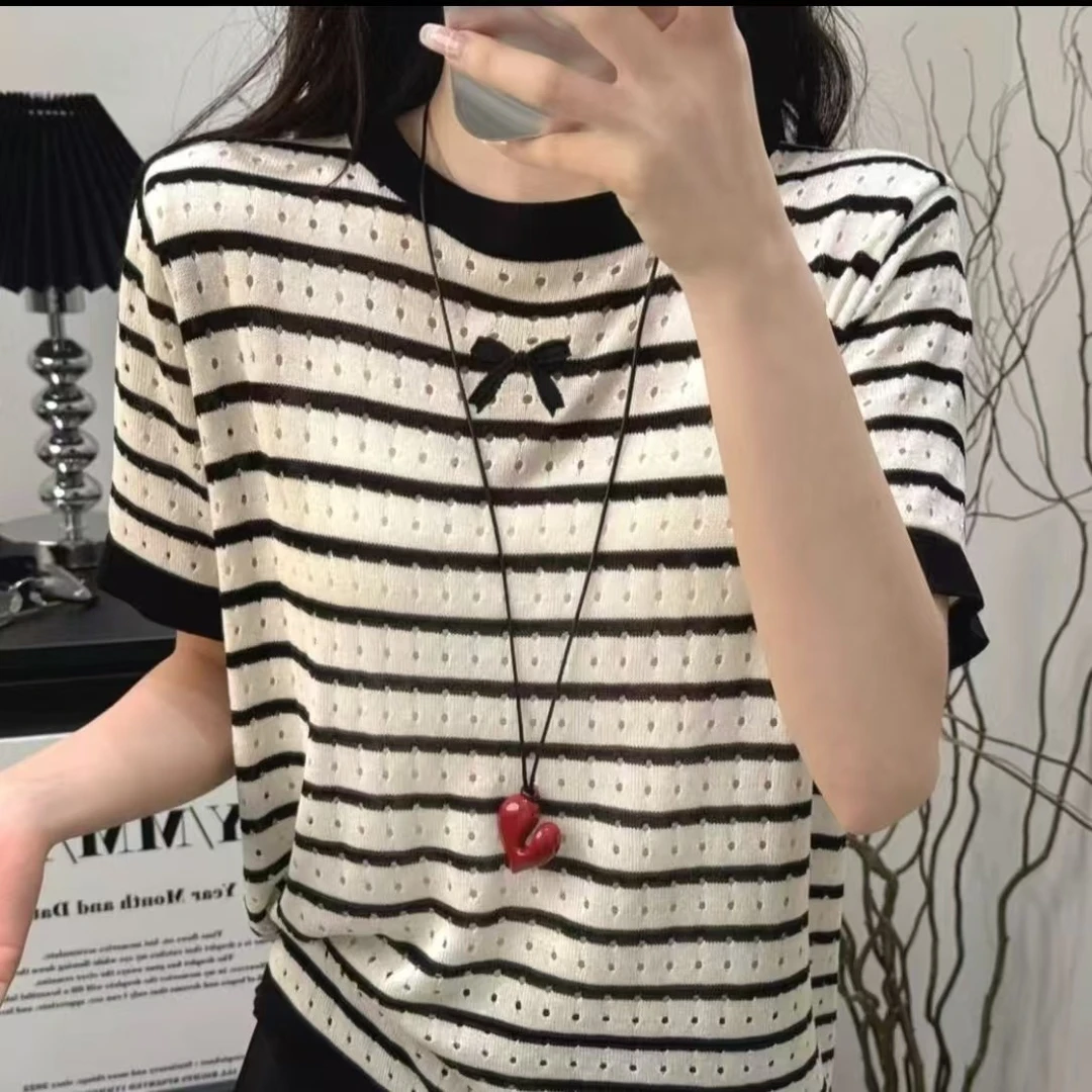 园园【6201-6350】夏季新款短袖针织开衫套头百搭条纹拼色休闲