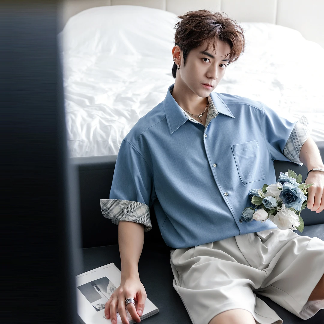 CHICERRO西西里男装2025新款两面穿冰丝牛仔拼接格纹衬衫男轻奢潮