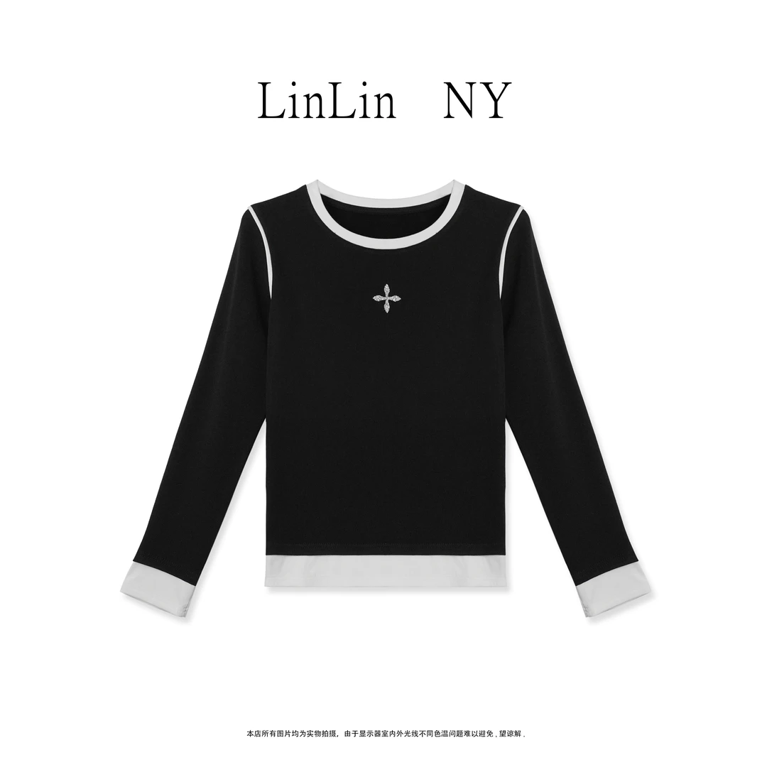 秋冬新款十字花百搭简约拼接长袖显瘦女士圆领打底针织衫上衣-H3