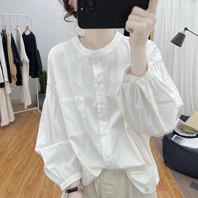 白色灯笼袖圆领长袖减龄衬衫女新款文艺小众宽松时尚洋气上衣开衫