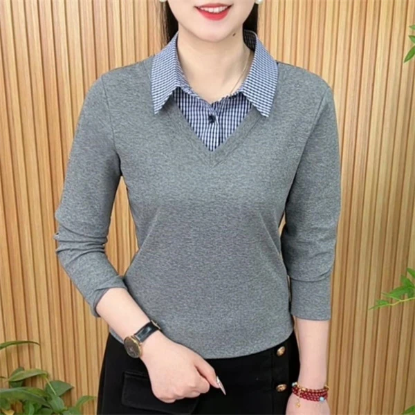 春季新款时尚翻领拼接撞色显瘦打底小衫女气质百搭休闲感洋气上衣