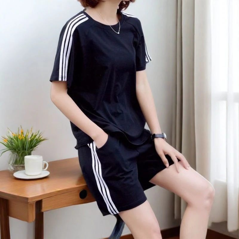 【纯棉】运动服显瘦休闲套装吸汗透气夏季跑步健身短袖短裤两件套女