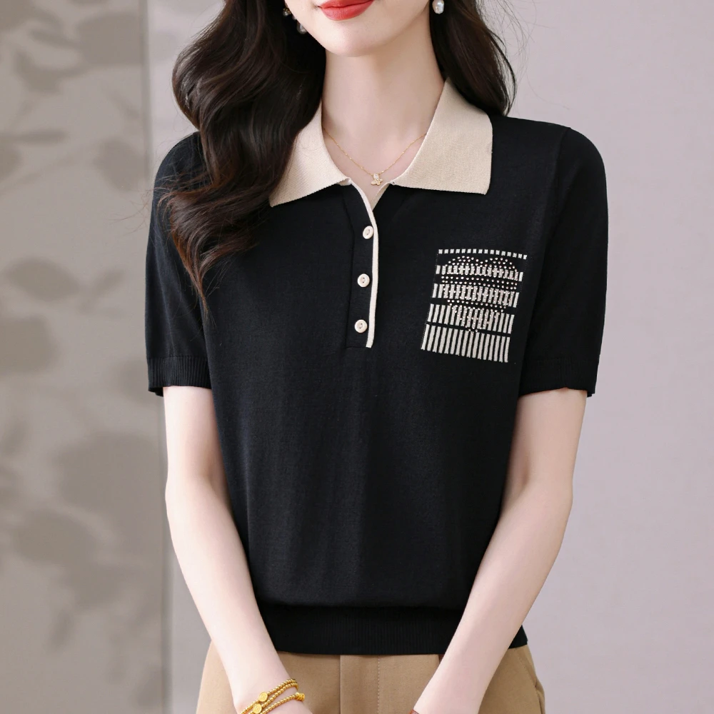 【天丝】夏季新款女士翻领短袖薄款减龄上衣洋气Polo领针织T恤衫