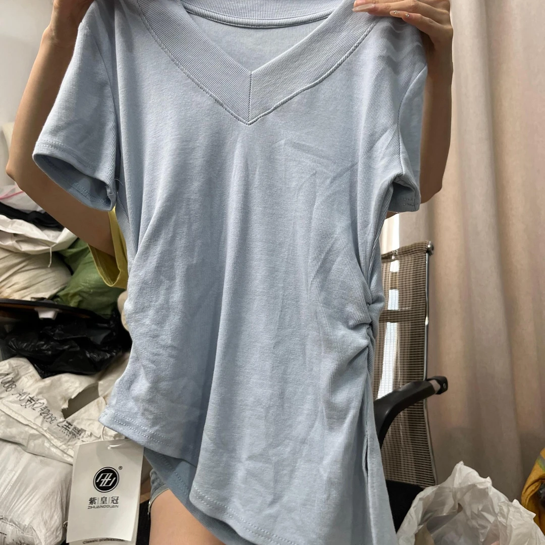 莎姐严选蓝色v领短袖4435