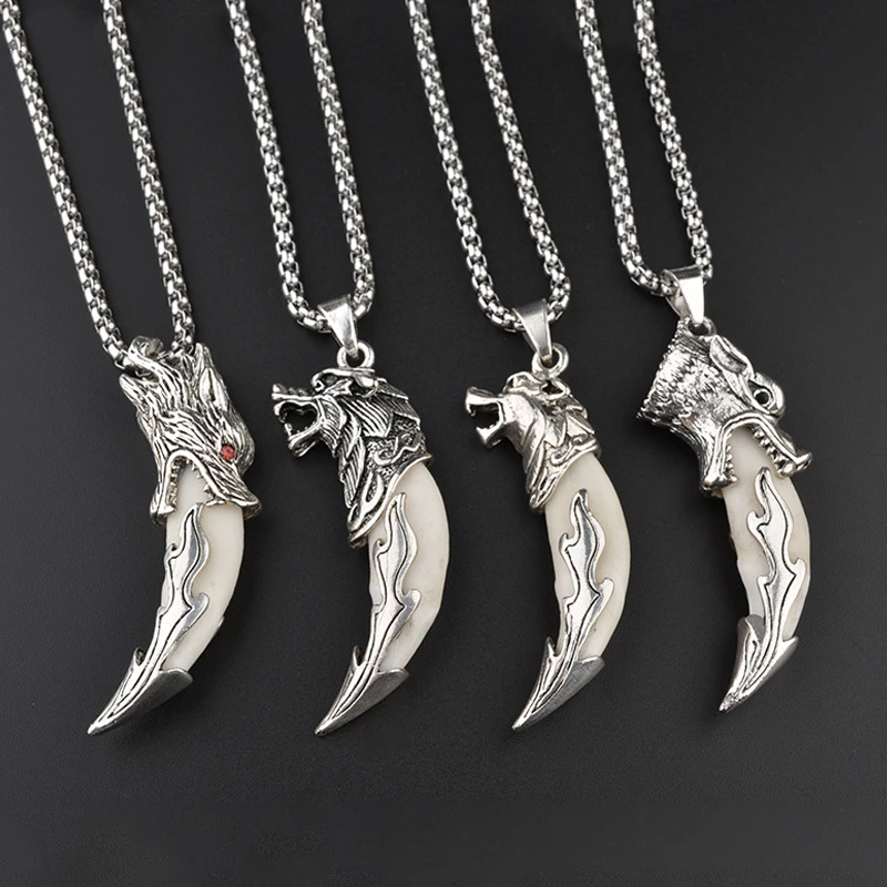 钛钢布艺项链 钛钢项链藏式狼牙吊坠项链齿骨质男女个性项链潮男