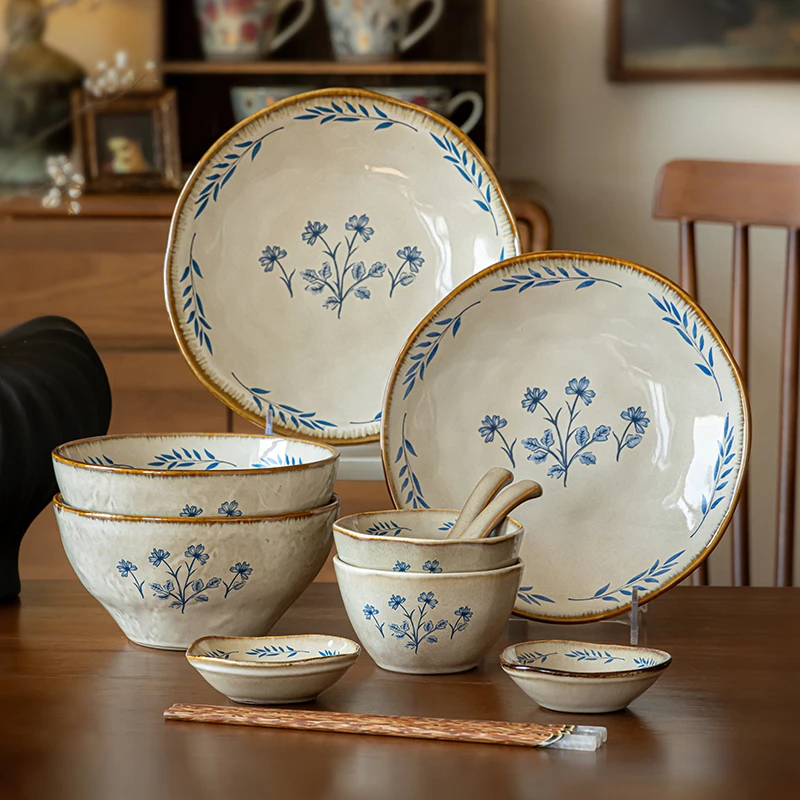 小悠家 小苍兰餐具套装复古高级感碗盘套装2人食陶瓷碗碟家用