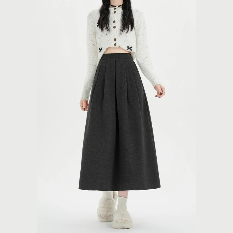 拉夏贝尔气质毛呢半身裙女秋冬小个子梨形遮胯a字裙中长百褶裙子