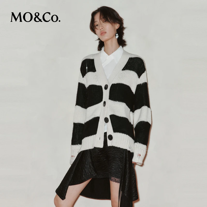 【粉丝专享】【绵羊毛×山羊绒】MOCO春破洞条纹毛织外套MBD1CART01