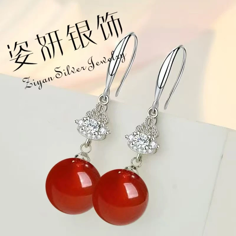 足银耳饰 轻奢新款红色珠珠耳环气质高级纯银防过敏百搭高档耳坠