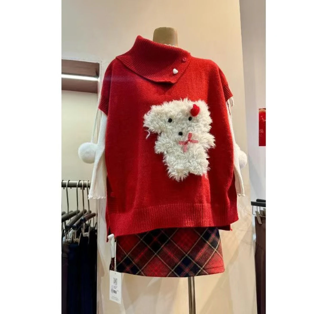 YING斗篷小狗红色 冬季圣诞新年毛绒小狗秋冬针织衫上衣