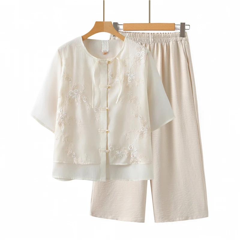 国风女装2025新款高贵妈妈夏装短袖洋气上衣雪纺刺绣小衫时尚套装