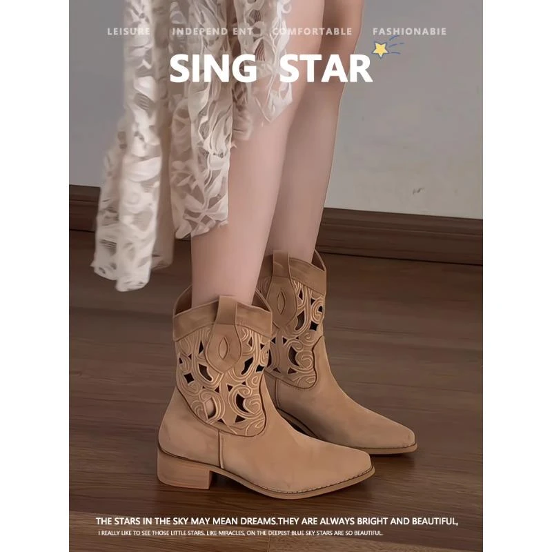 正版明星同款复古民族风夏日透气女款2025尖头粗跟显秀气牛仔短靴