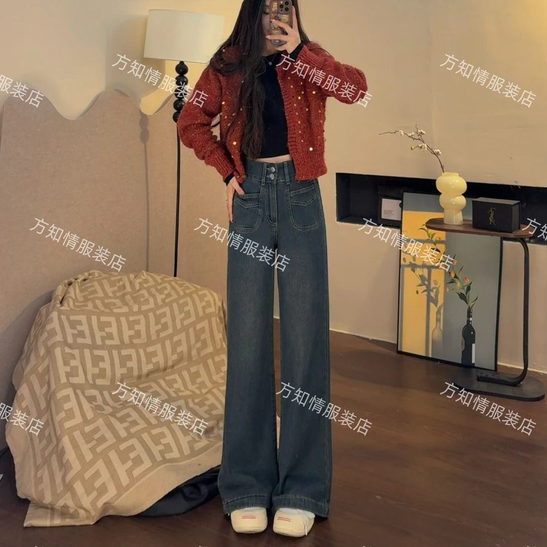 2025早秋新款高腰显高显瘦宽松微喇阔腿裤设计款复古百搭牛仔裤女