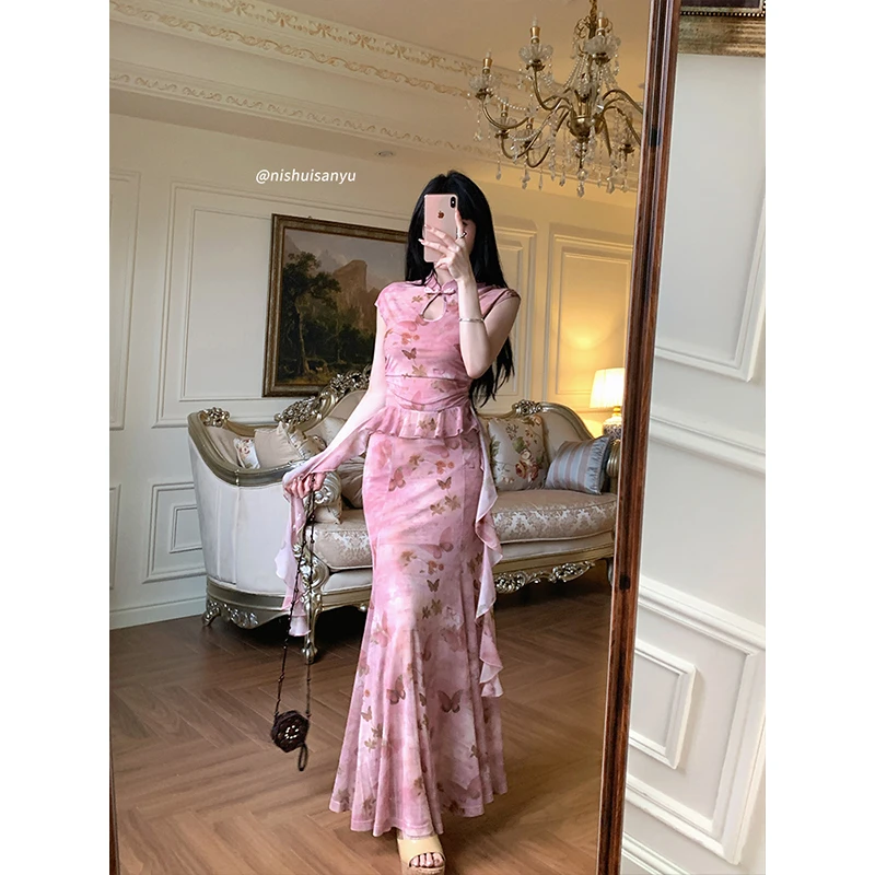 溺水三鱼【胭粉桃夭】夏季新中式复古清雅温婉度假氛围感连衣裙套装