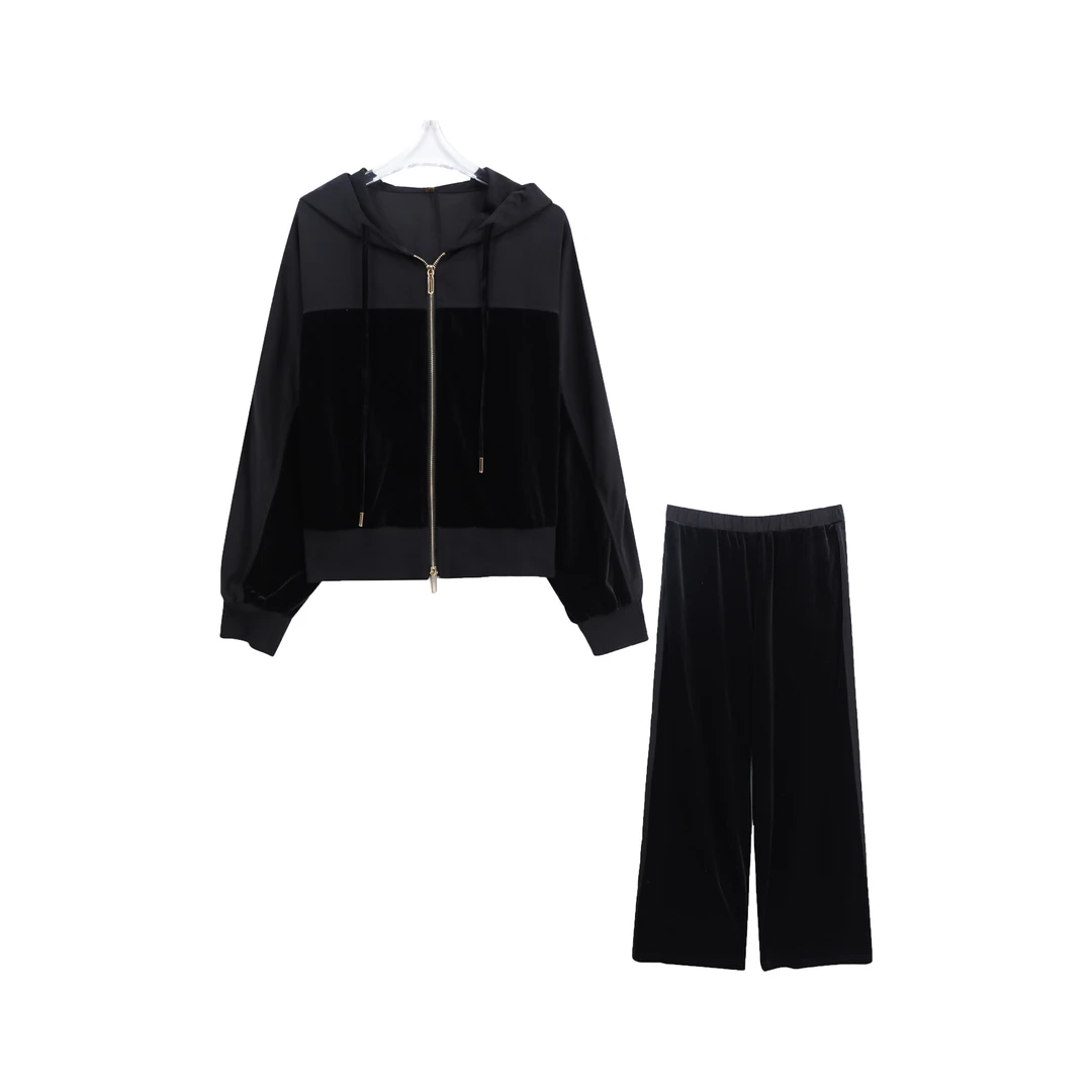 休闲连帽拼接拉链上衣垂感阔腿长裤套装C14075