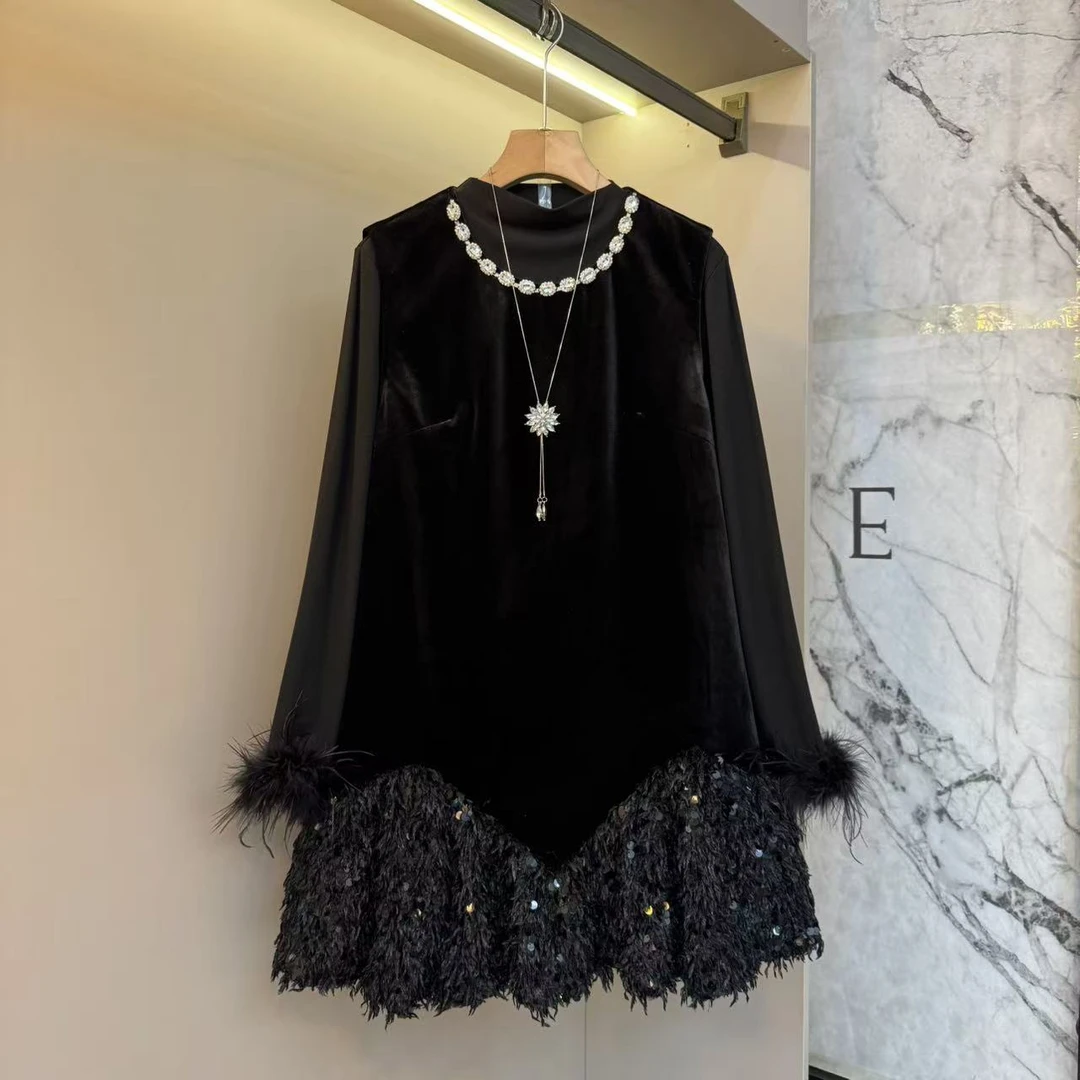 2025秋新款高级丝绒洋气小香风胖mm显瘦内搭+亮片马甲裙套装