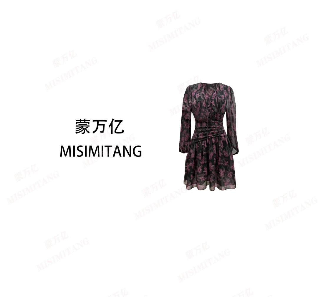 【云裳短款】春款上新紫色度假轻奢女装连衣裙碎花显瘦长袖