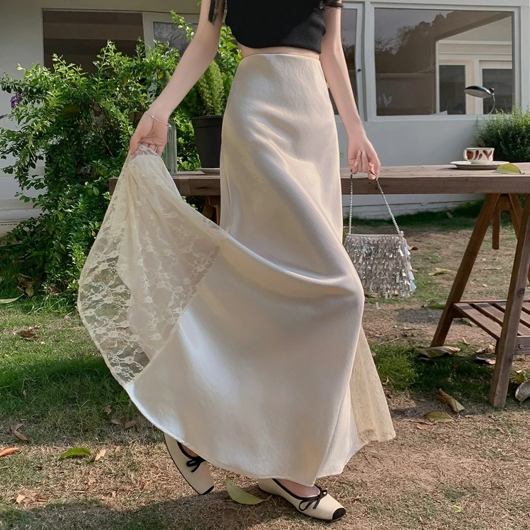 缎面法式大摆裙夏季波光粼粼不规则显瘦拼接蕾丝垂感长款半身裙女