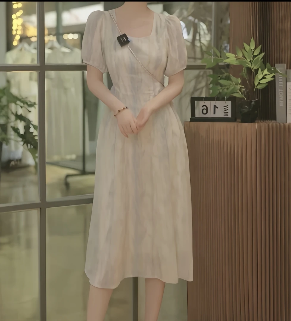 清仓【鸢尾幽梦】夏季新款方领晕染系时尚显瘦温柔连衣裙