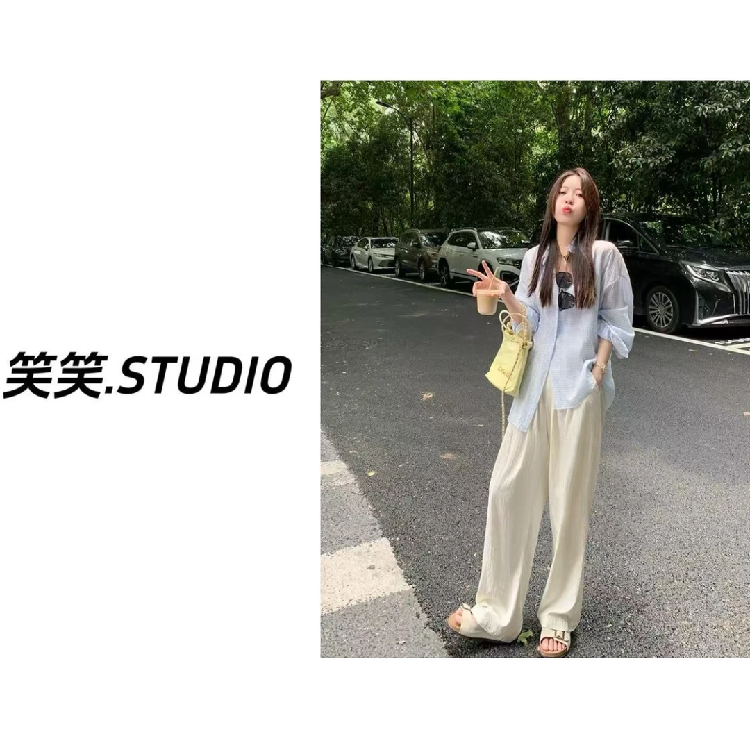 【笑笑】韩系早春百搭松紧腰净版纯色丝滑阔腿裤